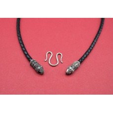 Leather cord with raven heads and fastener, silvered