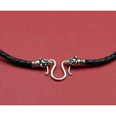 Leather Cord with Wolf Heads and fastener , silvered 